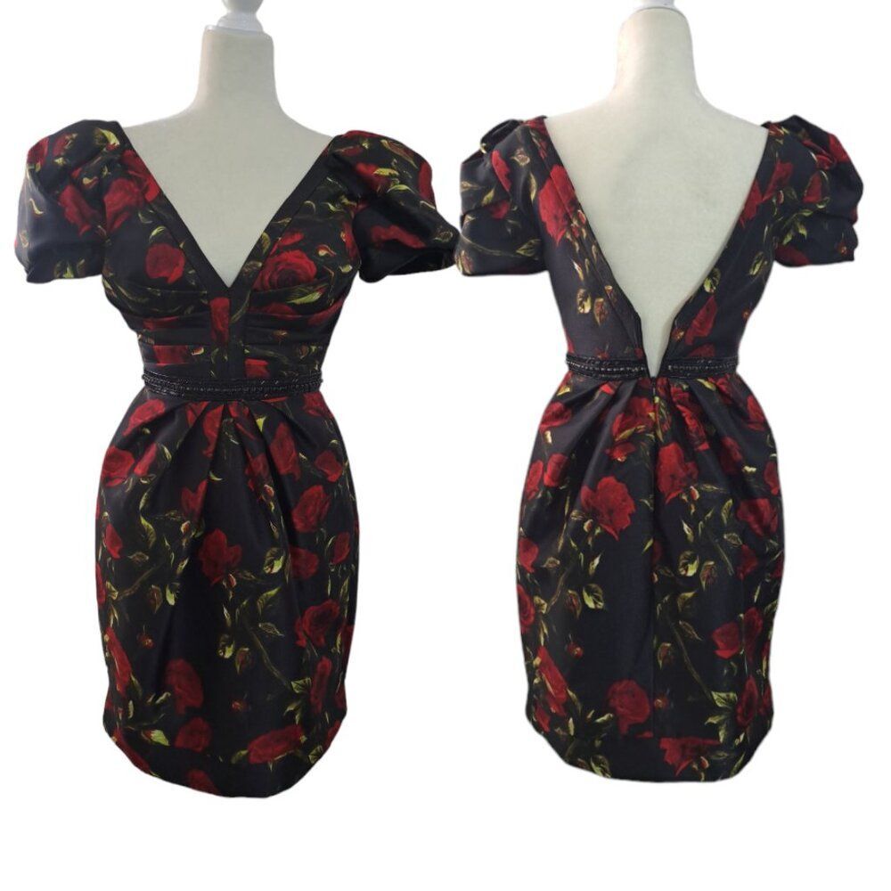 Mac Duggal Black and Red Rose Mini Dress - Picture 2 of 8